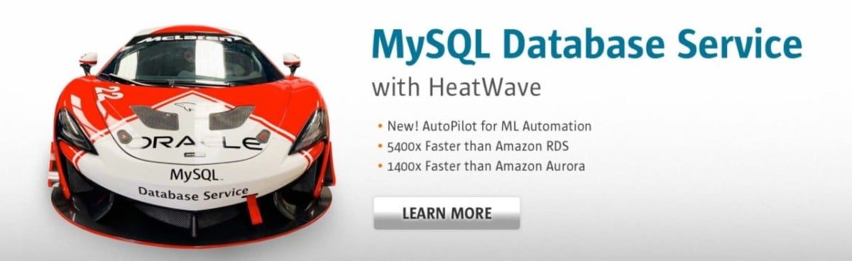 The MySQL website, showing a racecar and the words "MySQL Database Service with HeatWave.