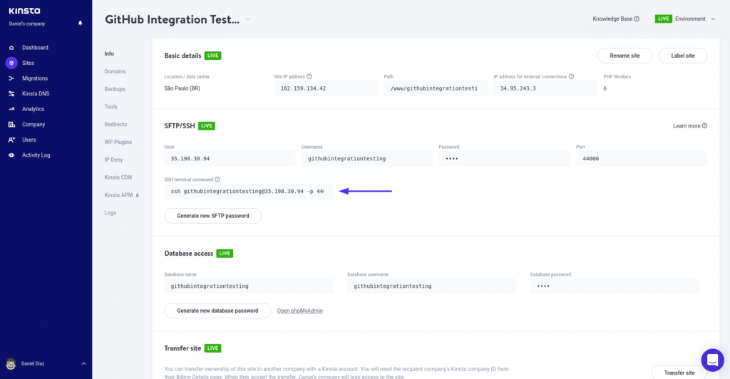 Die MyKinsta-Site-Infoseite zeigt die SSH-Details und den Befehlsbereich.