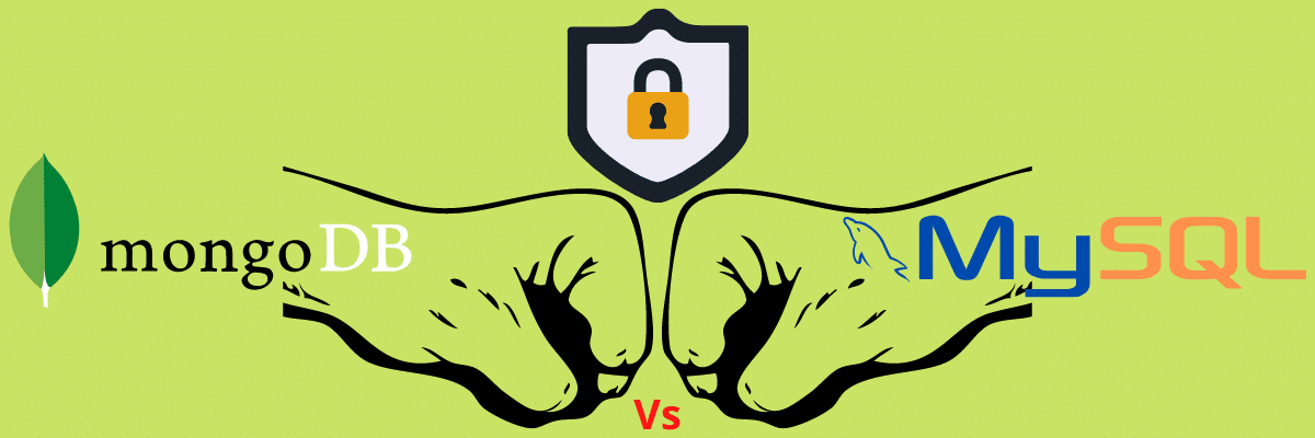 Vergleich der Sicherheit von MongoDB und MySQL, indem zwei sich gegenüberliegende schlagende Hände und ein Sicherheitszeichen in der oberen Mitte gezeigt werden
