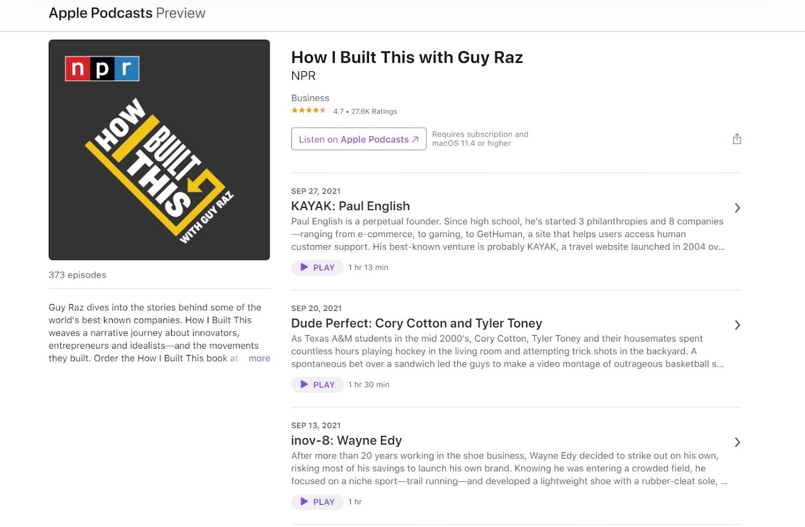 Screenshot of the How I Built This Podcast