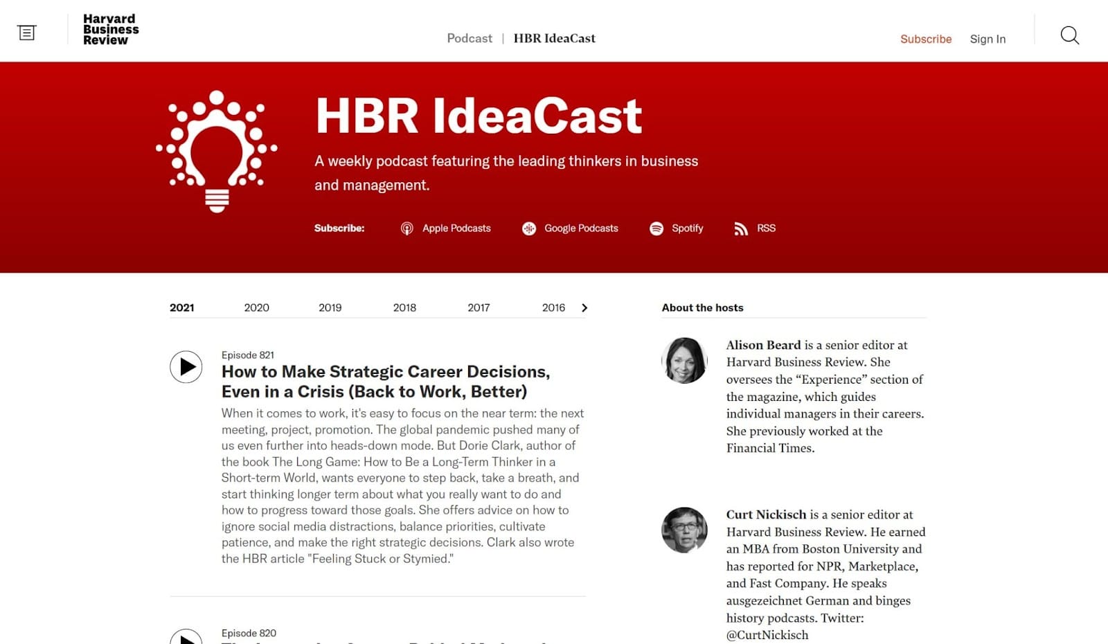 Schermata della homepage del podcast HBR IdeaCast