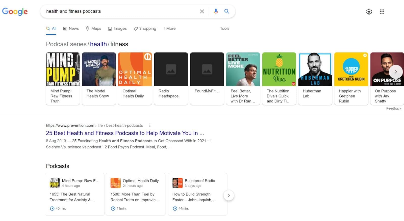 Schermata con i risultati di Google per la ricerca for "health and fitness podcasts