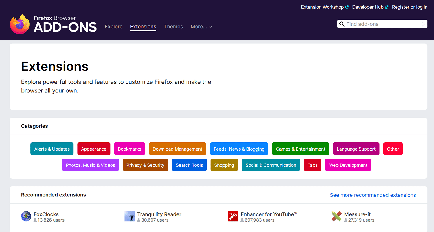 Bibliothèque des extensions de Firefox.