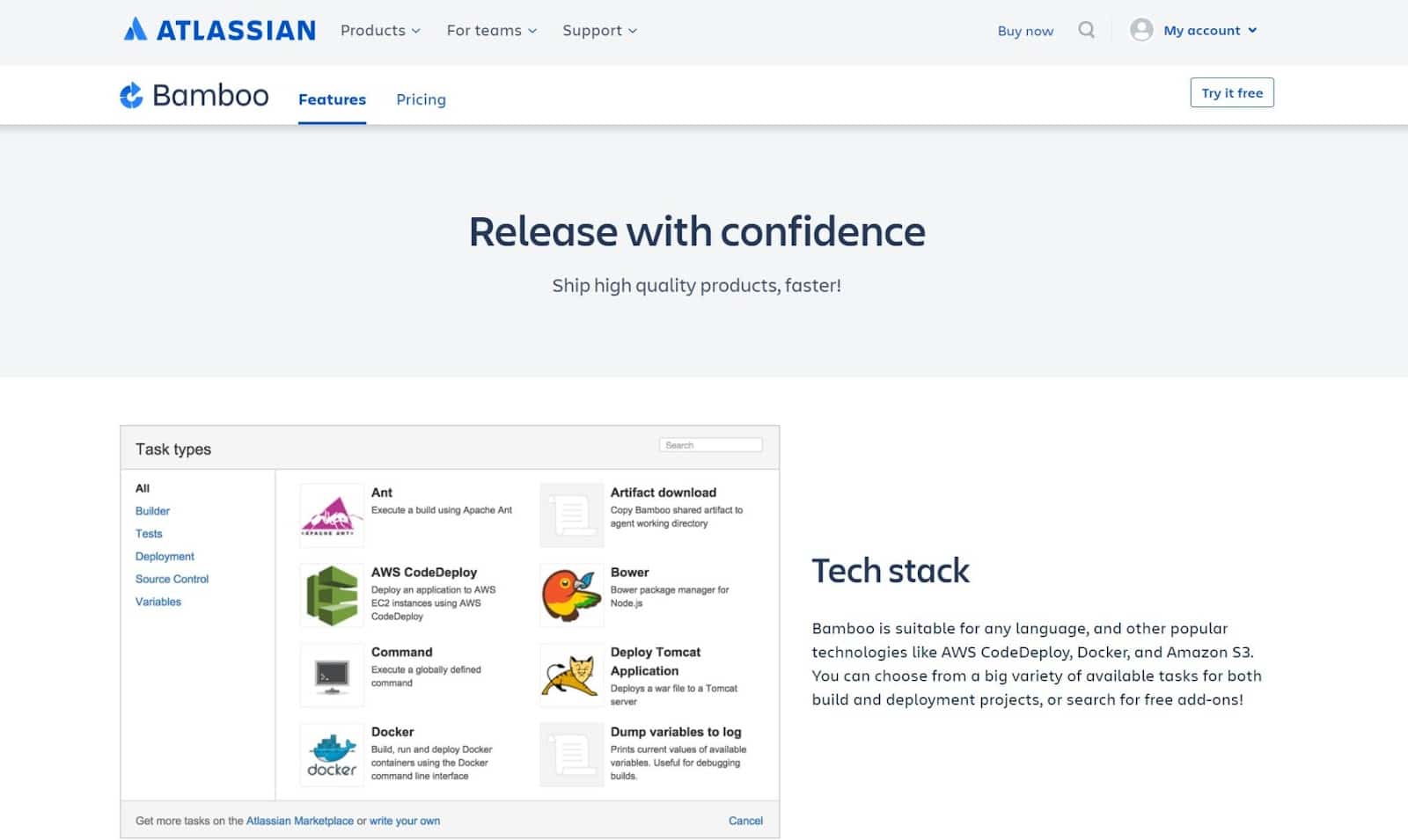 Atlassian Bamboo's Feature Seite