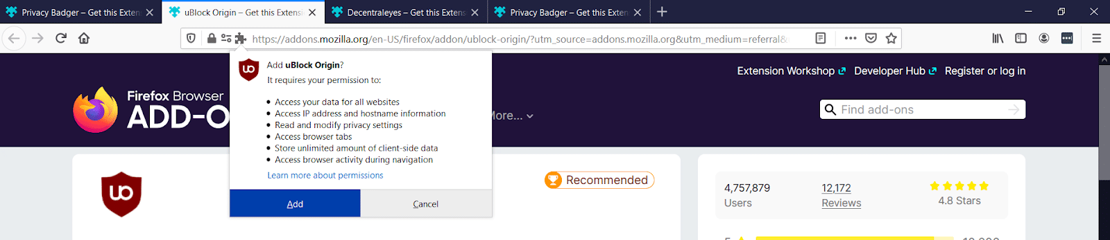 Permissões de extensão do Firefox