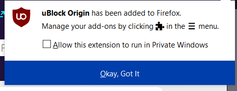 Mensagem de instalação da extensão do Firefox