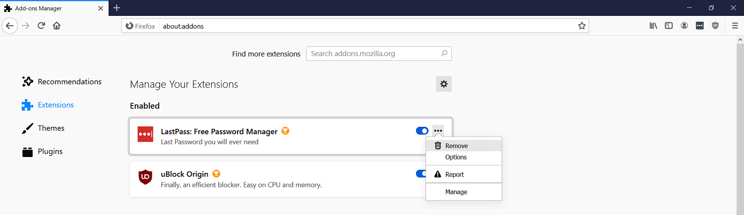 Remover extensão do Firefox