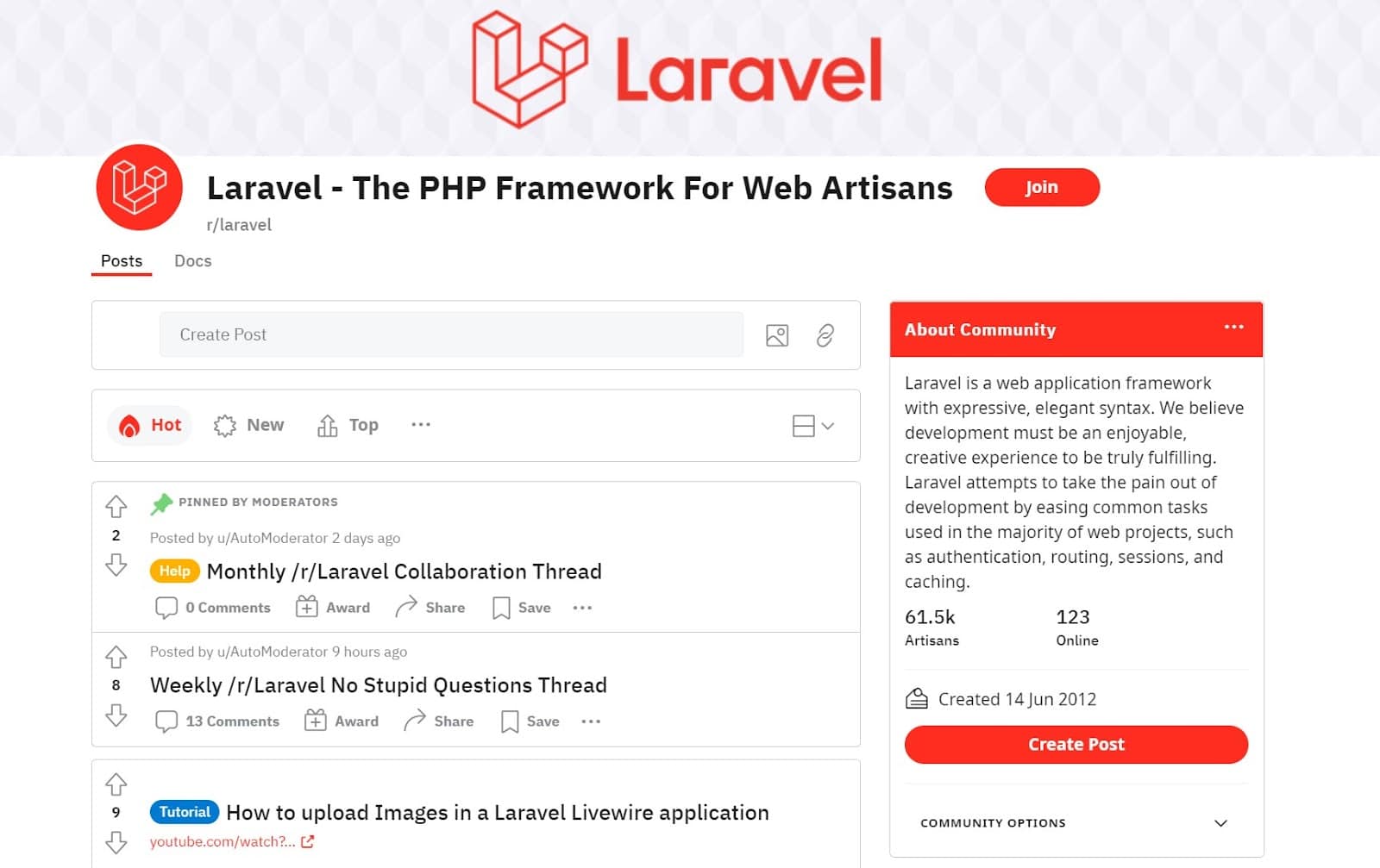 Pagina del subreddit Laravel con la scritta Laravel - The PHP framework for web artisans.