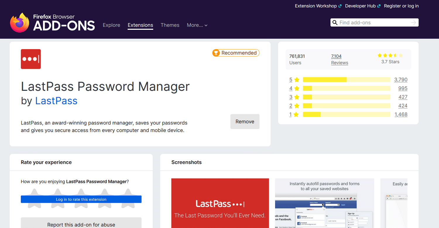 Schermata della pagina di LastPass Password Manager tra le estensioni Firefox