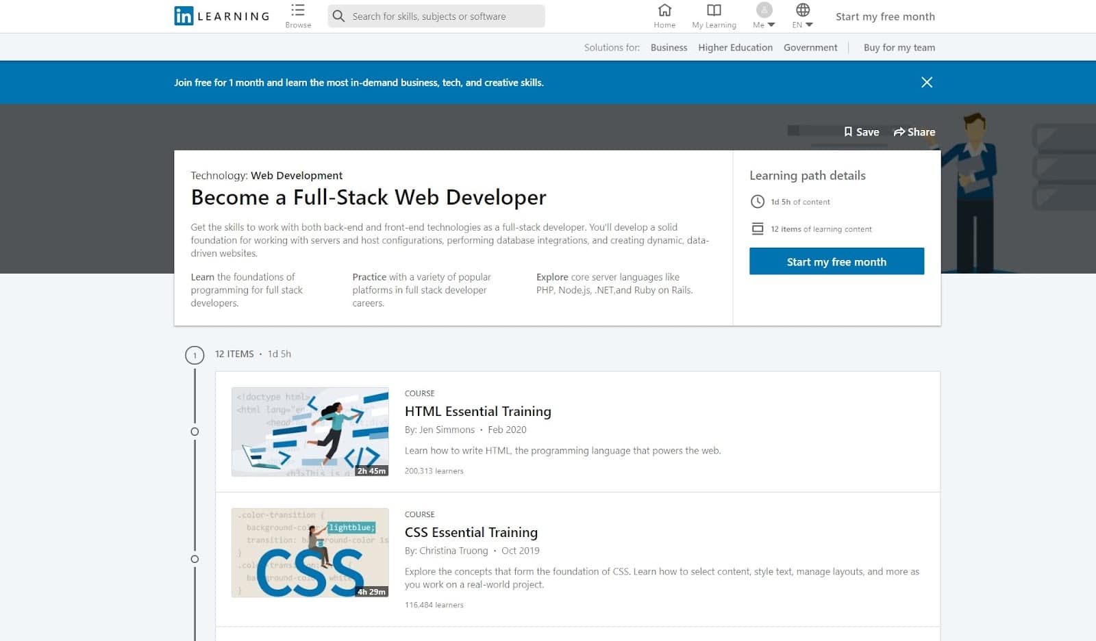 Screenshot of LinkedIn Learning's full-stack developer course