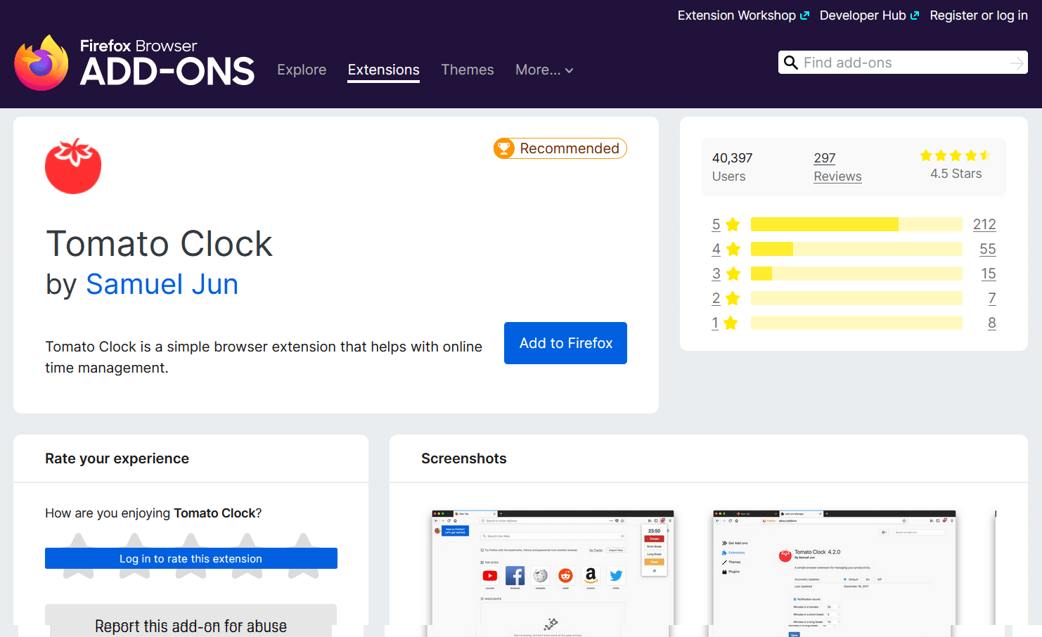 Schermata della pagina di Tomato Clock tra le estensioni Firefox