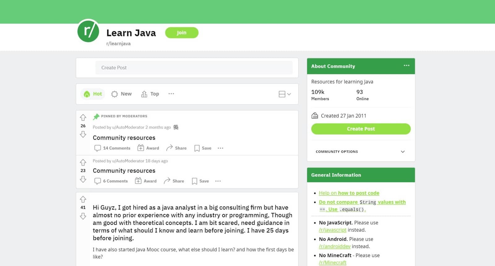 Schermata del sub-reddit Learn Java