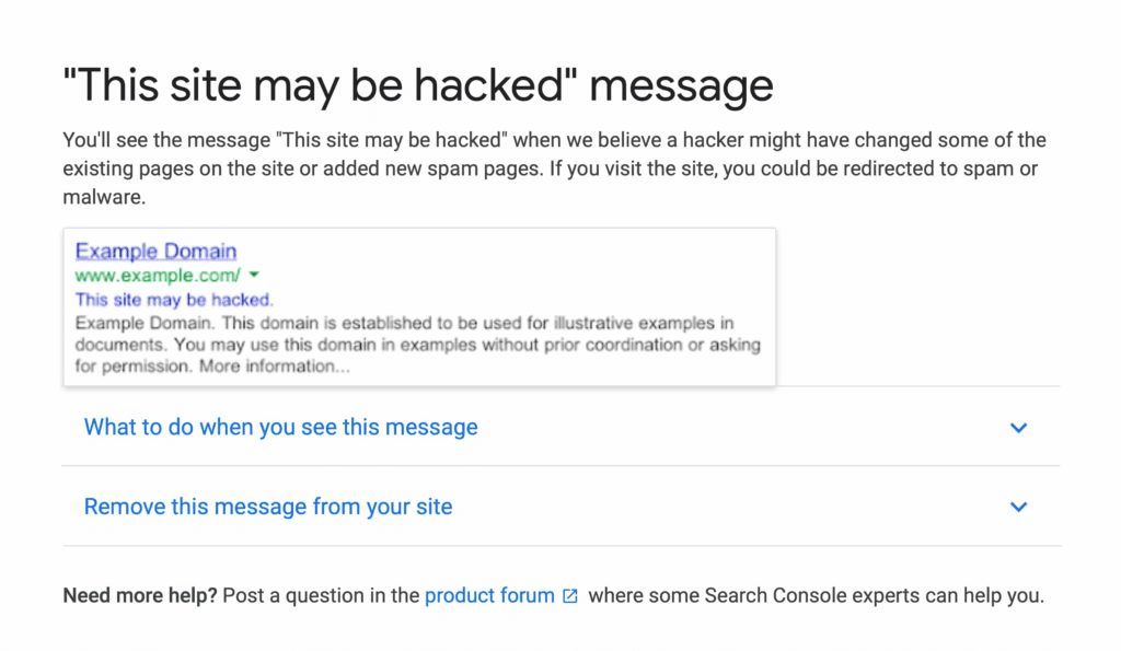 Un messaggio da Google che dice The Site May Be Hacked