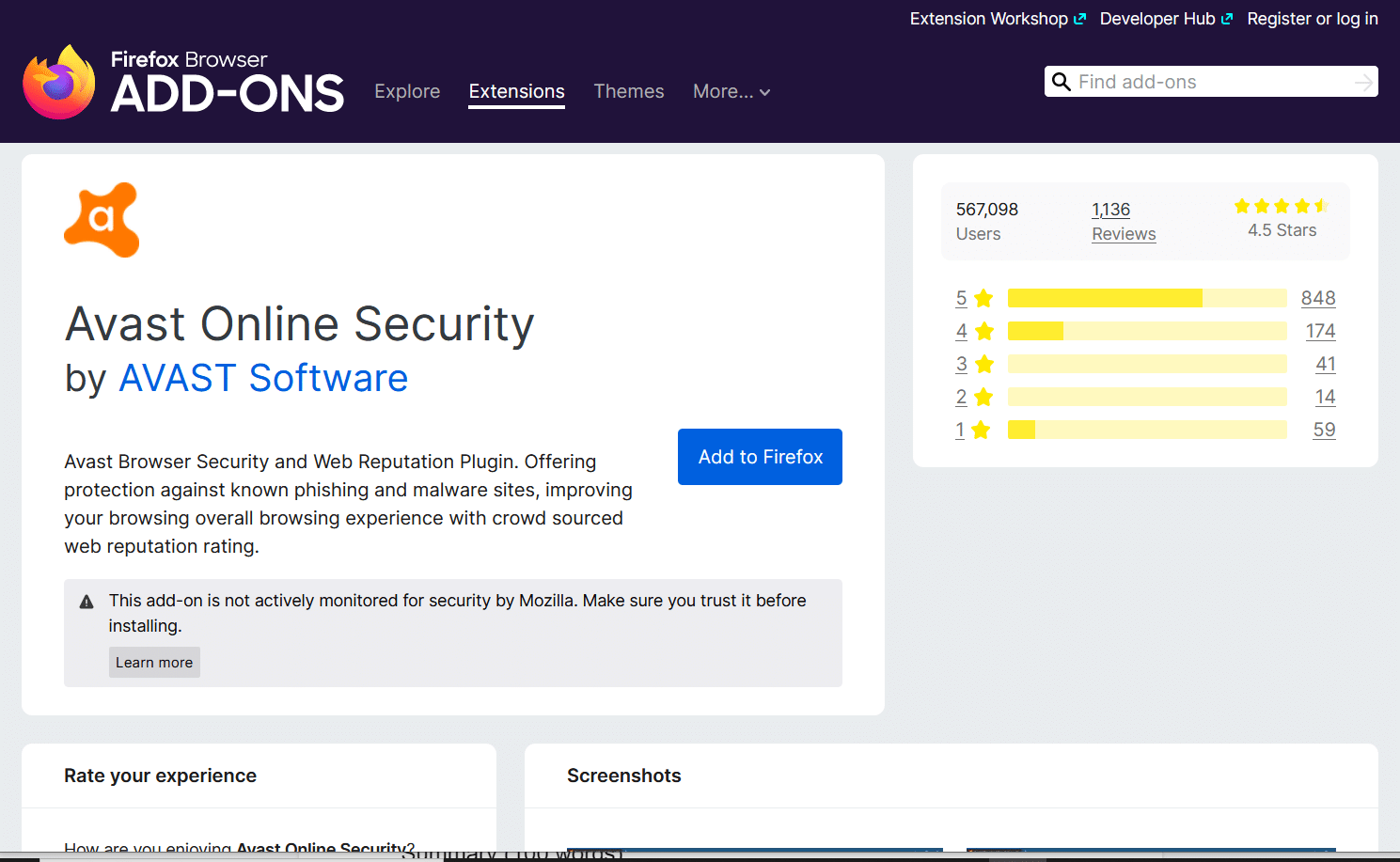 Schermata della pagina di Avast Online Security tra le estensioni Firefox