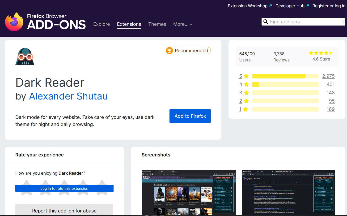 Schermata della pagina Dark Reader tra le estensioni Firefox