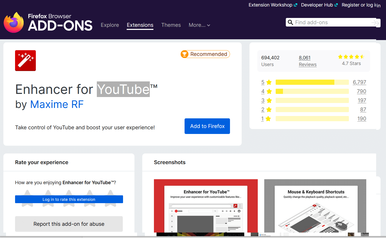 Extensão Enhancer for YouTube do Firefox.