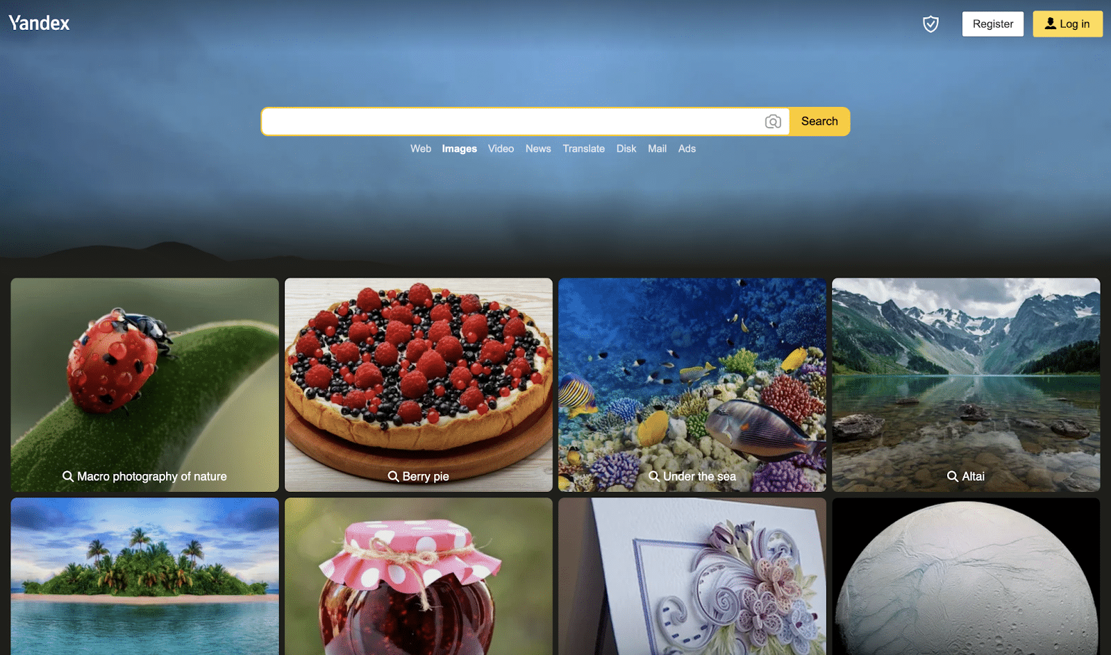 Homepage di Yandex.