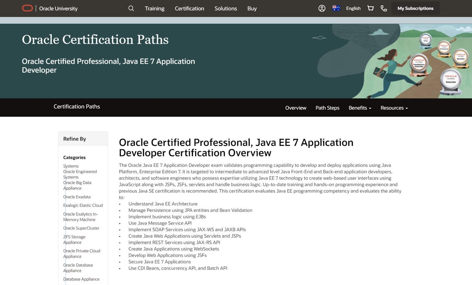 Schermata di una delle certificazioni Java offerte da Oracle