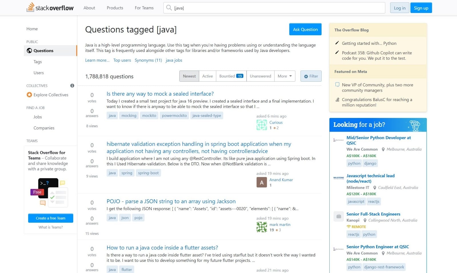 A screenshot of StackOverFlow's Java Tag 