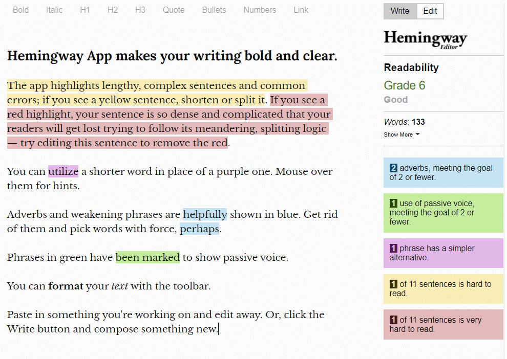 L’editor online di Hemingway App dove a ogni colore corrisponde una tipologia di consiglio per migliorare la scrittura