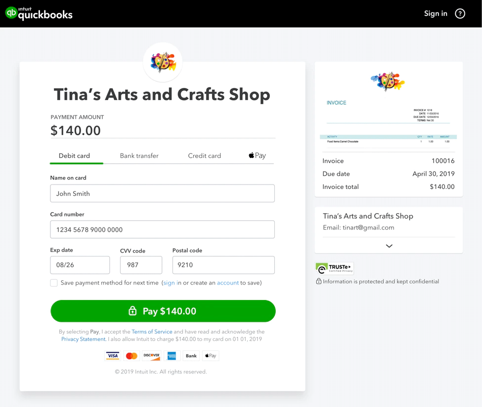 Grafica del portale di pagamento online di QuickBooks.