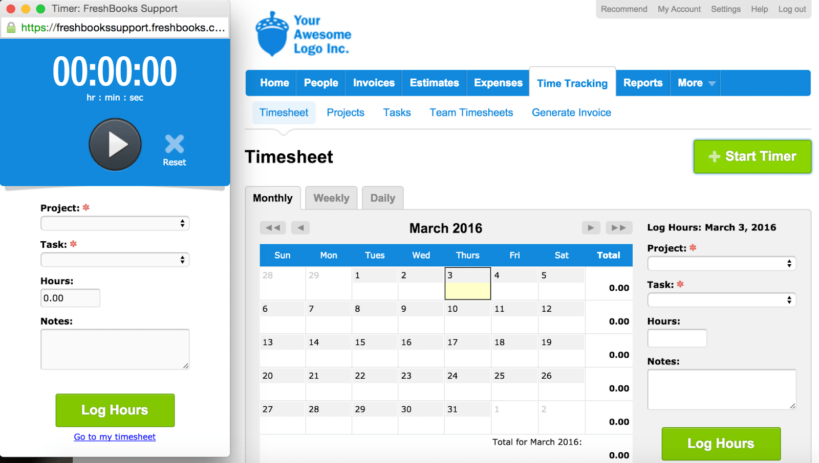 Schermata del time tracking di FreshBooks.