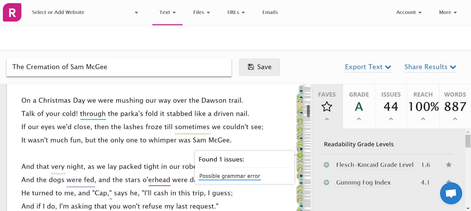 Schermata dell’editor minimalista di Readable con controllo grammaticale, punteggio di leggibilità e altre informazioni sul testo