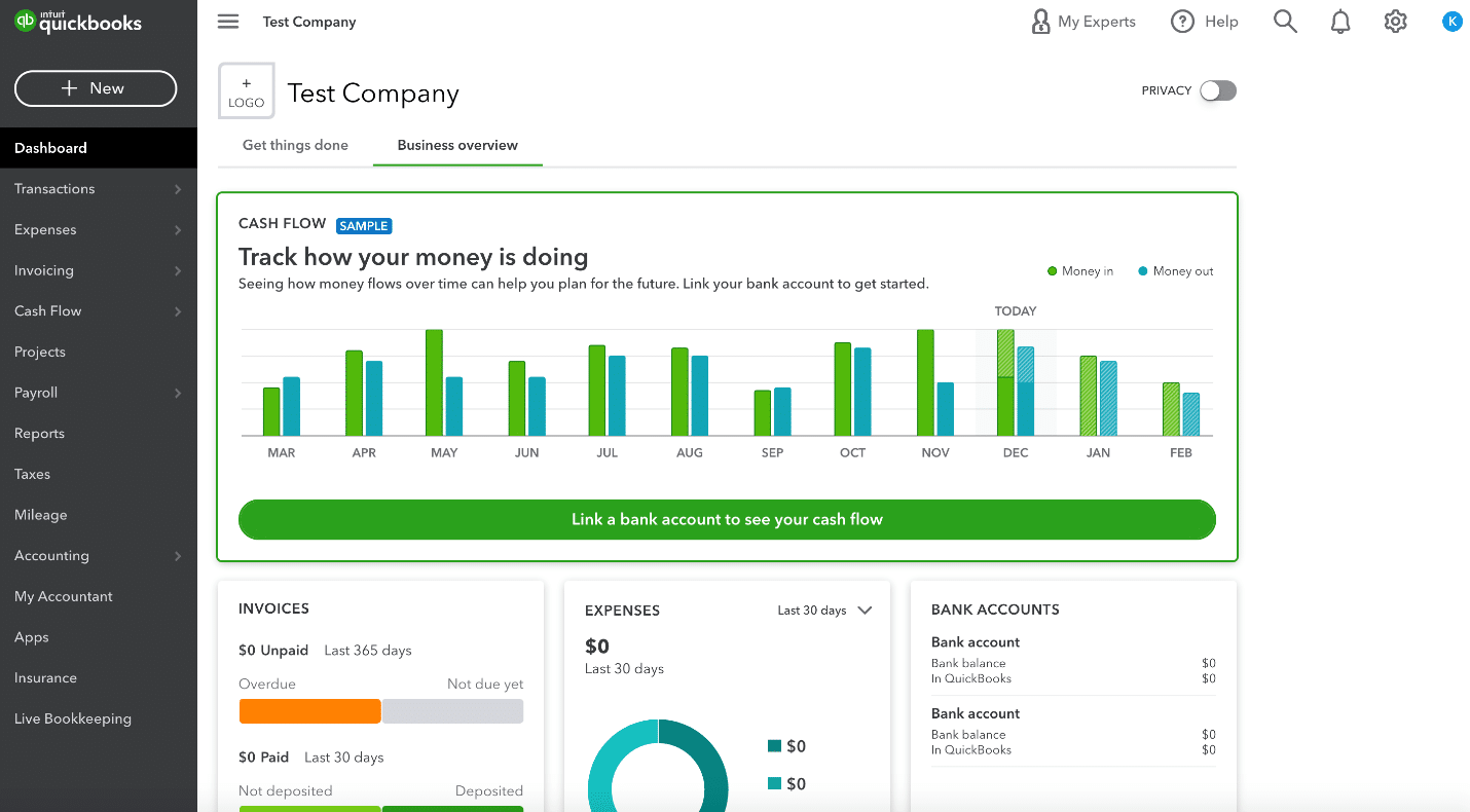 A screenshot of the QuickBooks dashboard