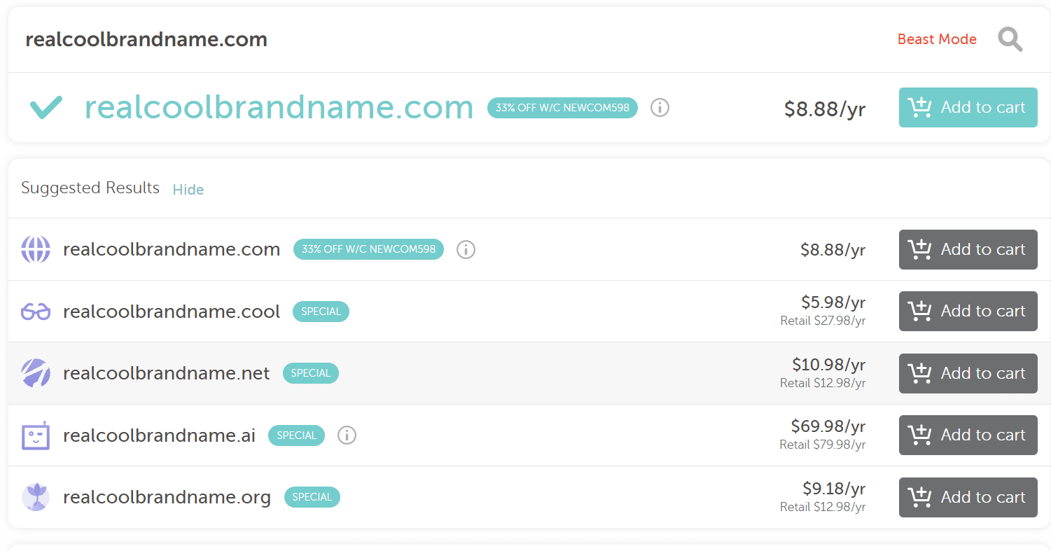 Schermata di una lista di estensioni di dominio su NameCheap