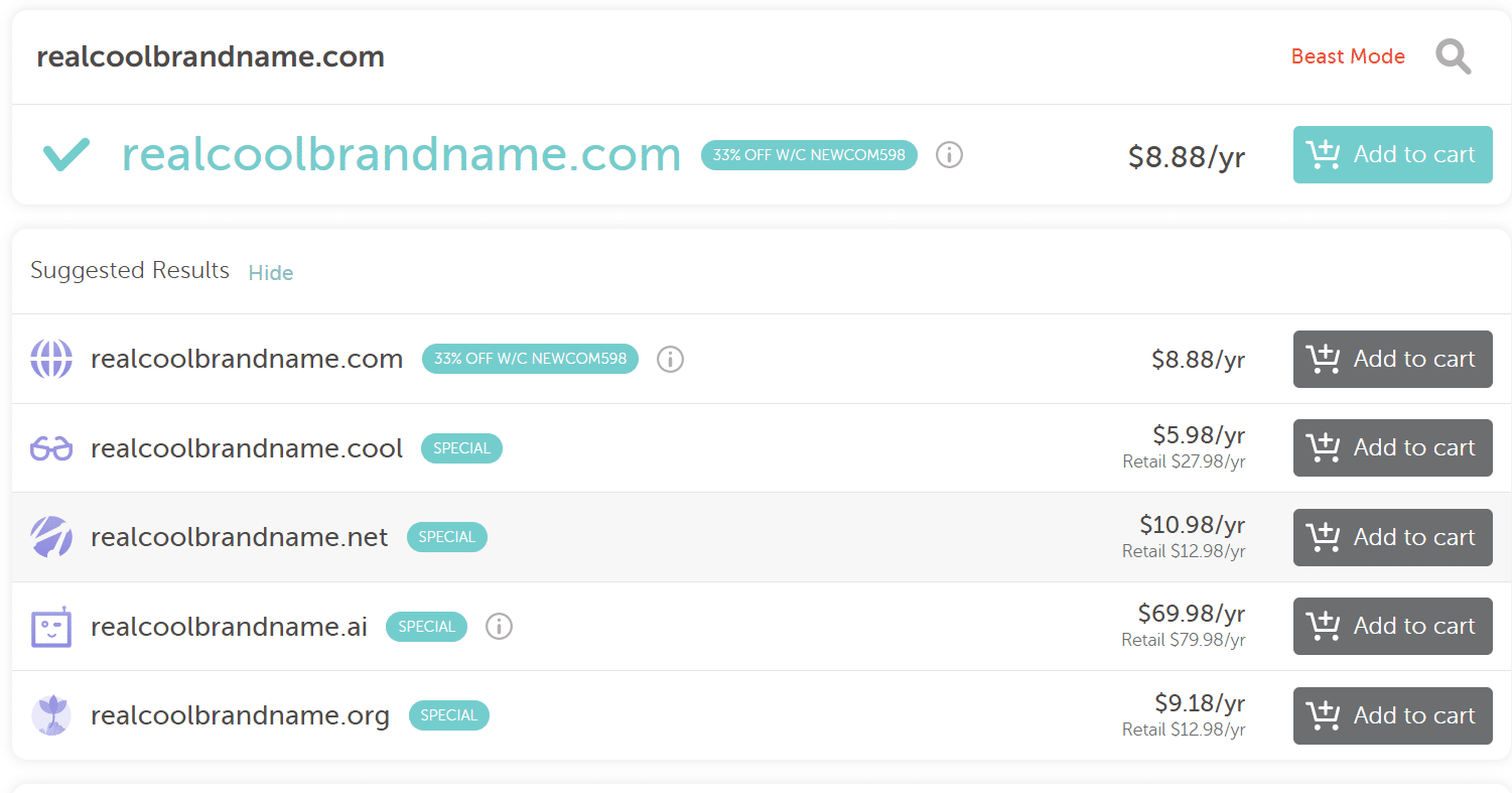 Options d'extension de domaine chez NameCheap.