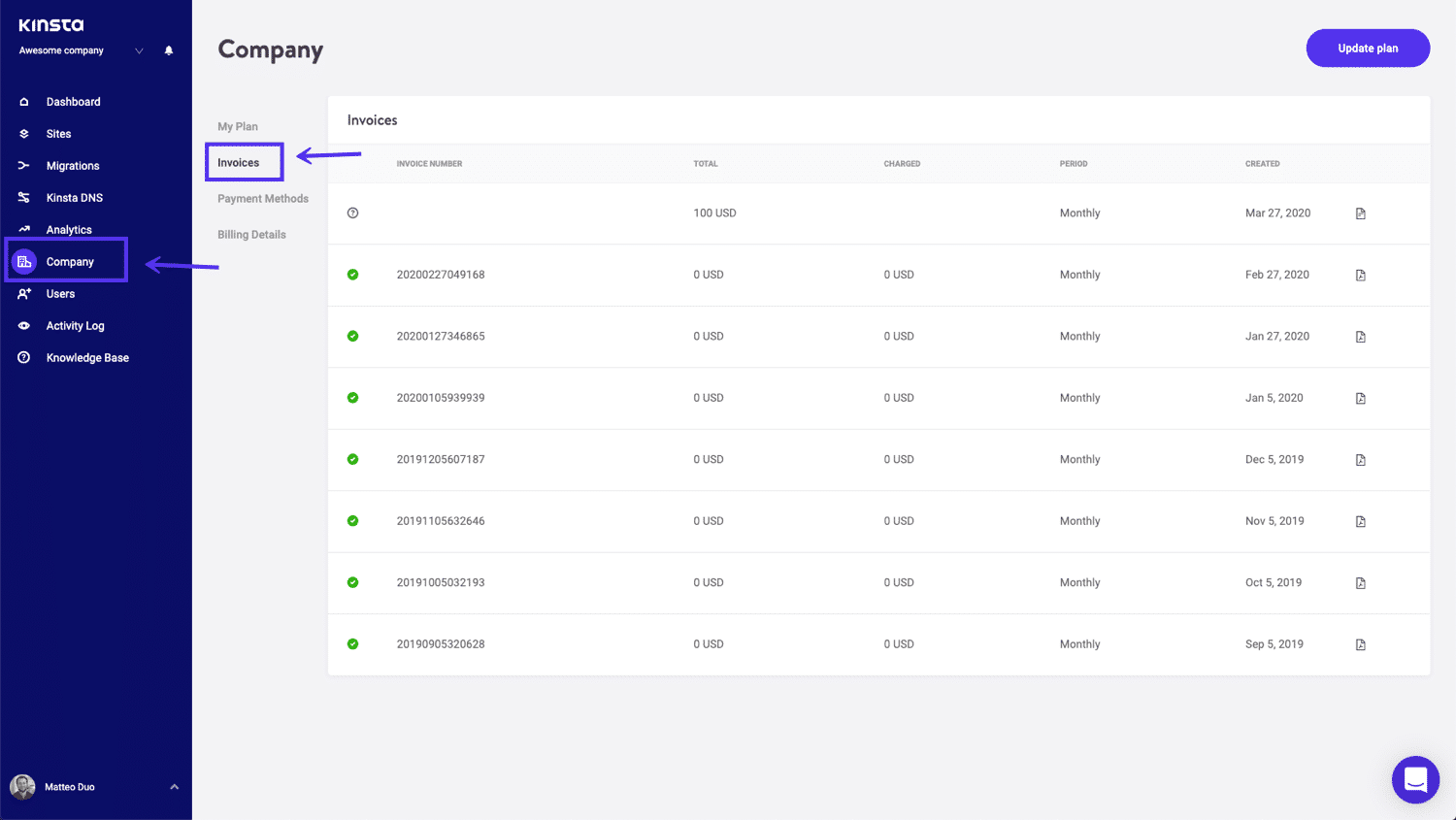 Rechnungen auf dem MyKinsta-Dashboard