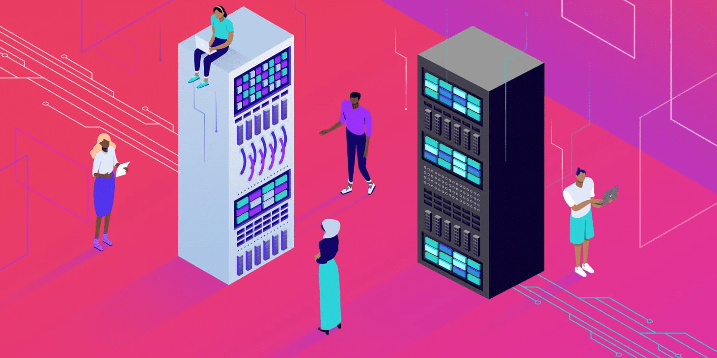 An illustration of two web servers standing against a pink and purple background with people around them.