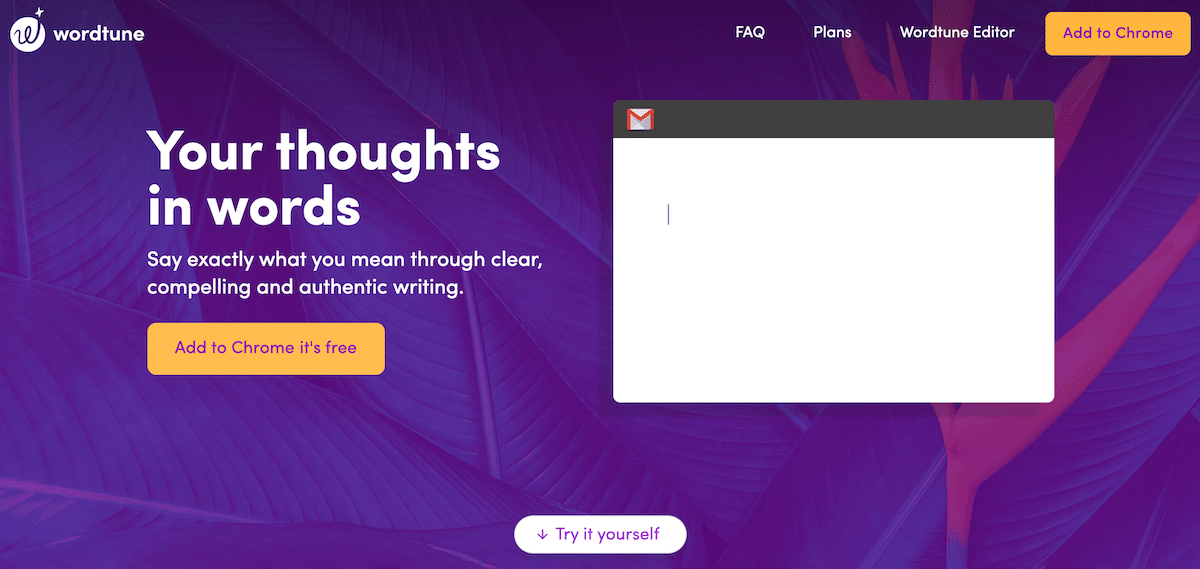 Schermata dell’homepage di WordTune con il motto Your Thoughts in Words