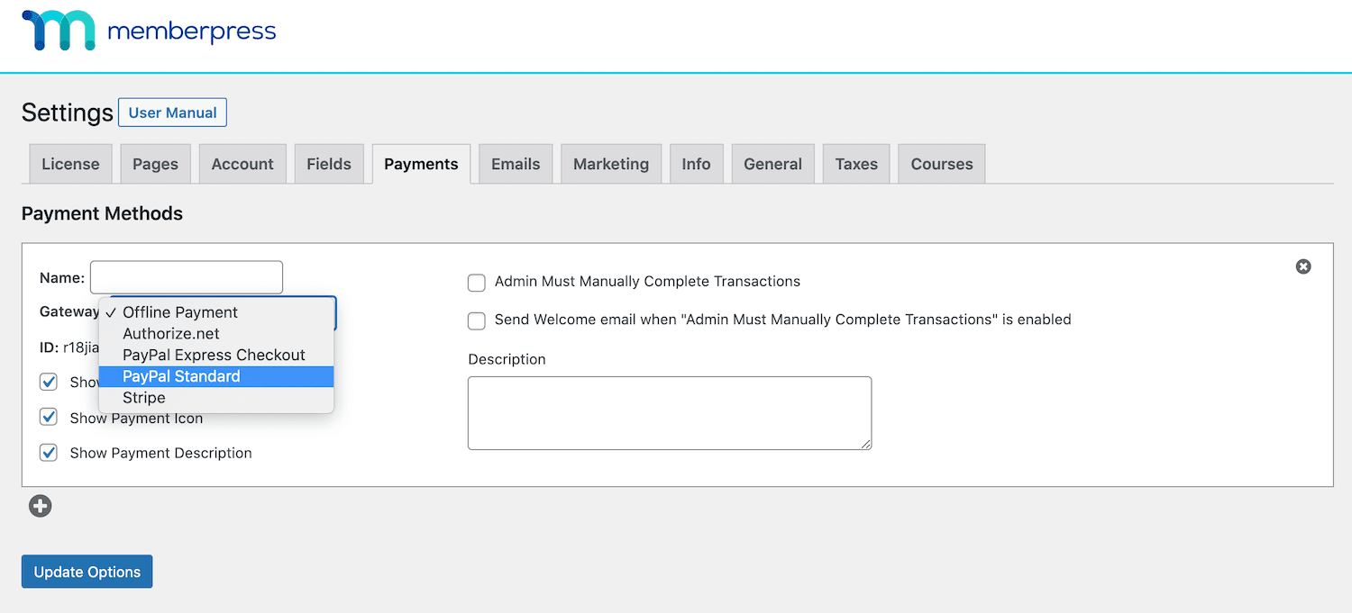 Selecione um gateway de pagamento para adicionar.