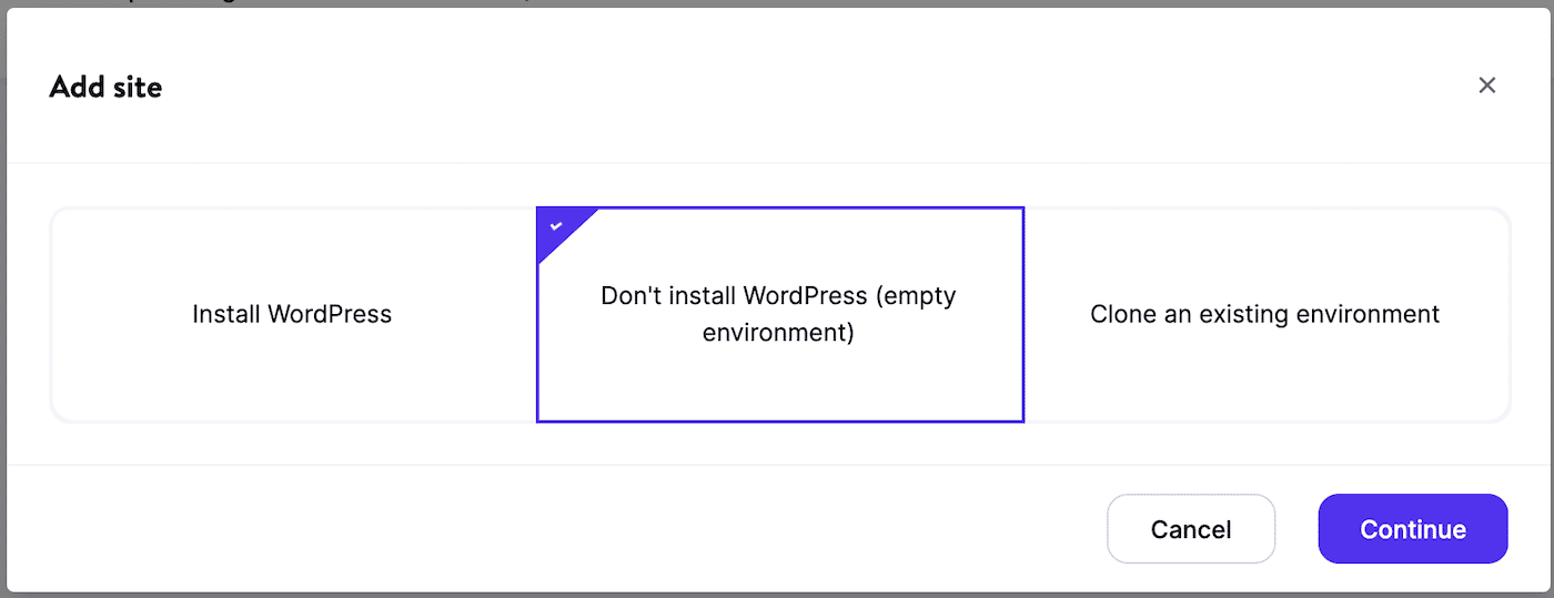 Adicione um novo site sem WordPress (ambiente vazio).
