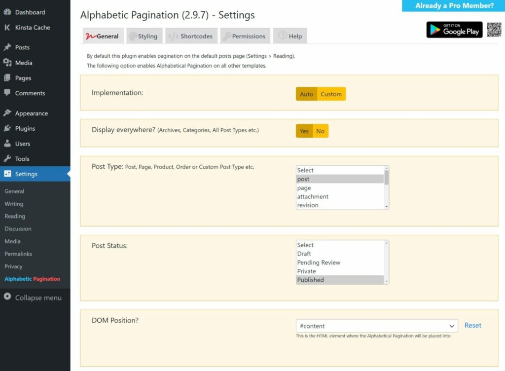 The settings area for the Alphabetic Pagination plugin.