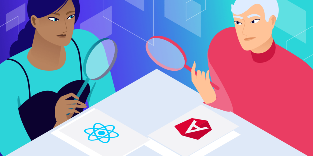 Illustration for Angular vs React showing two people holding magnifying glasses and observing Angular and React logos.