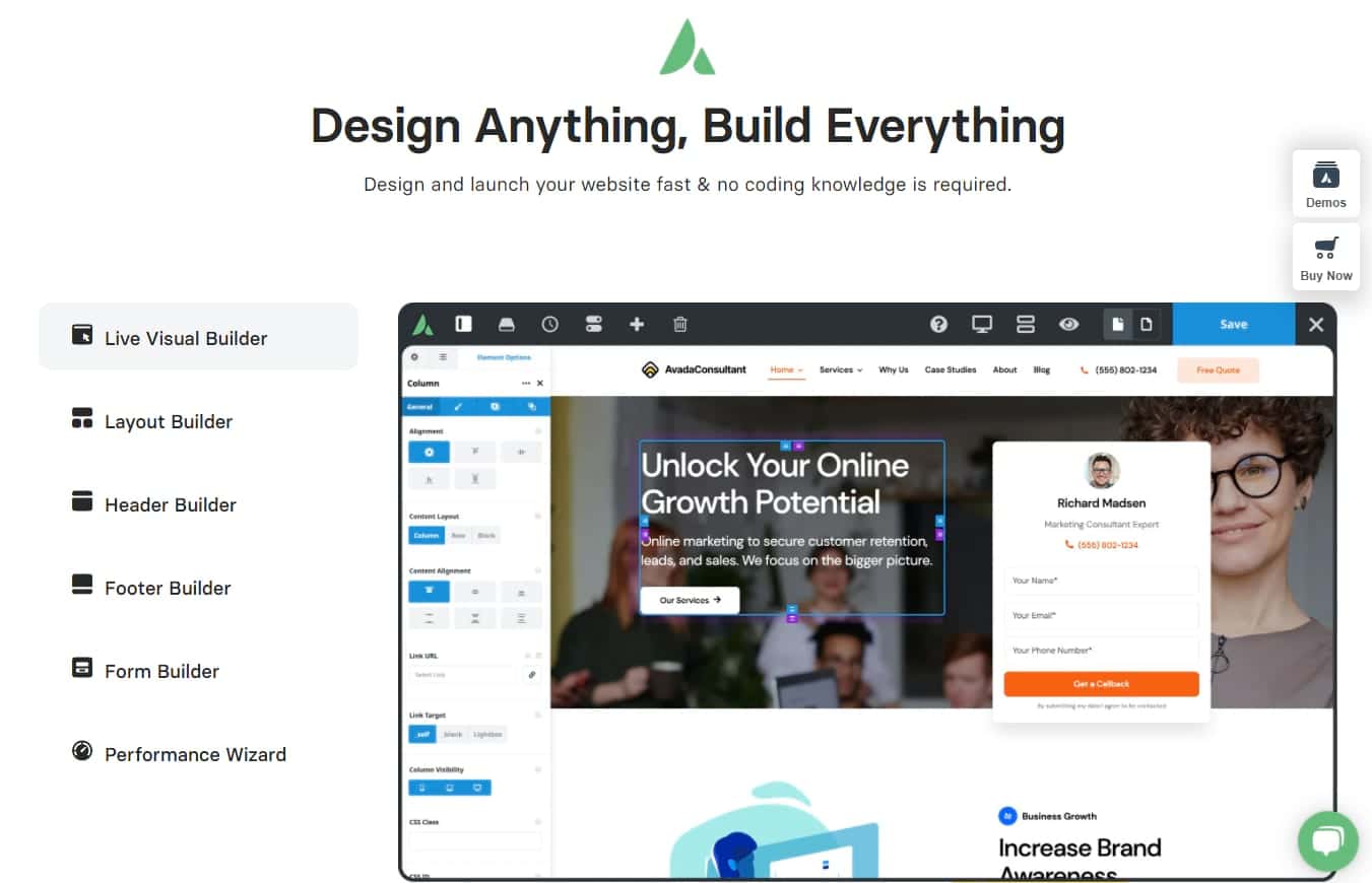 Live visual builder within Avada
