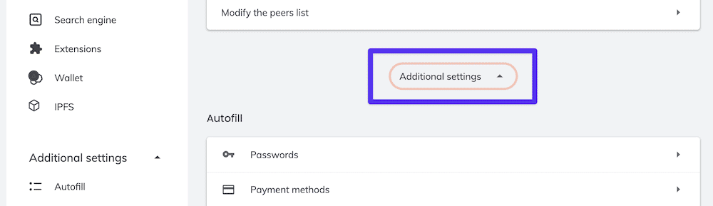 A opção "Additional settings" dentro de Brave