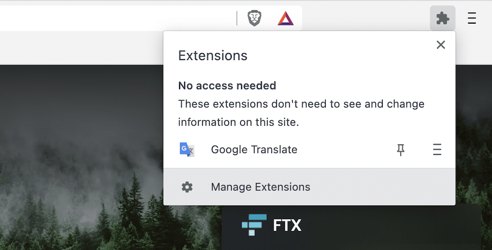 The Brave Extensions manager dropdown, showing the "Manage Extensions" option at the bottom.