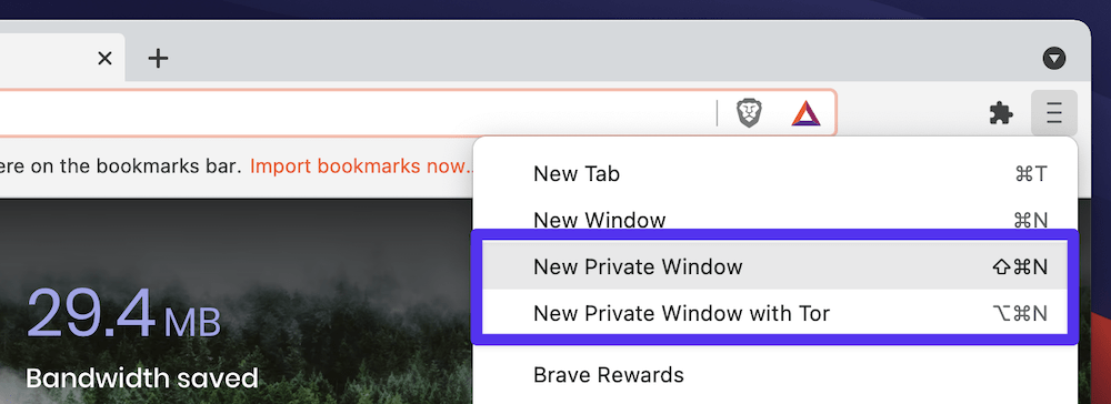The browser window privacy options within Brave's menu, highlighting the 