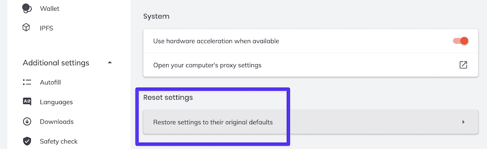 The "Reset settings" option in Brave, showing the option to "Restore settings to their original defaults".