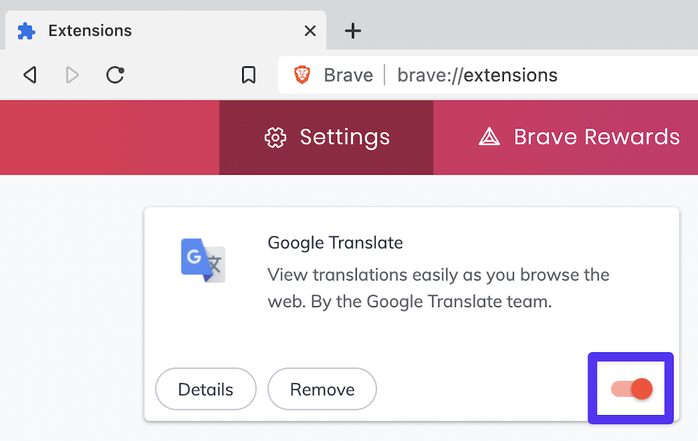 The Brave extension toggle switch for the Google Translate extension, with a purple box drawing attention to the red toggle switch, which is set to "On".