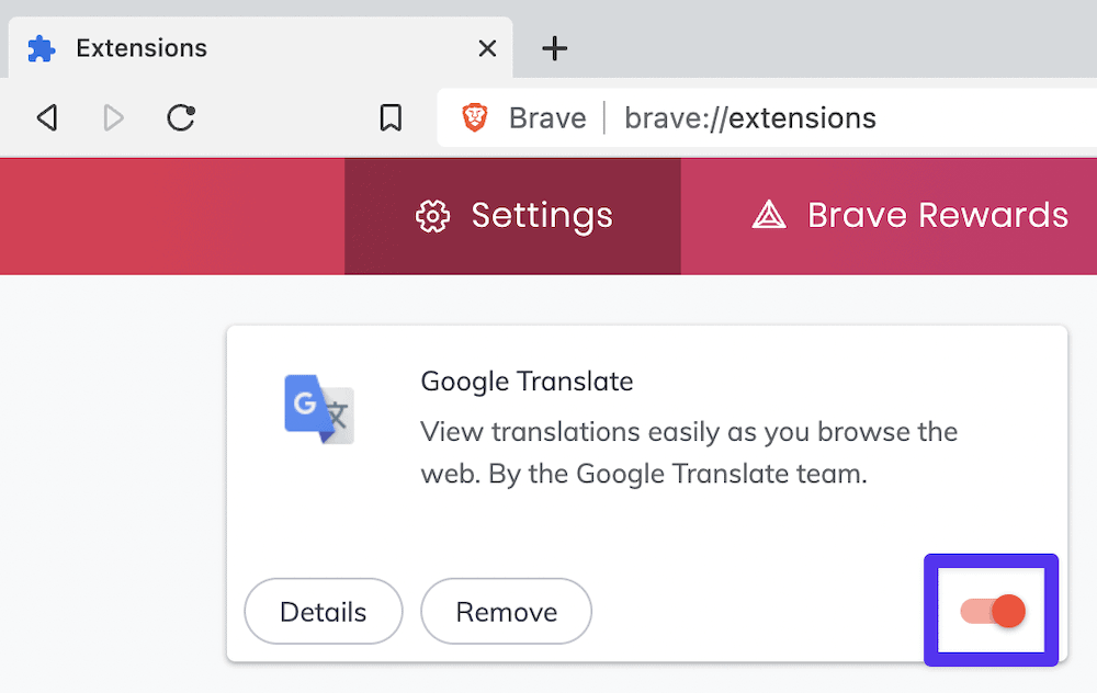 El interruptor de extensión de Brave.