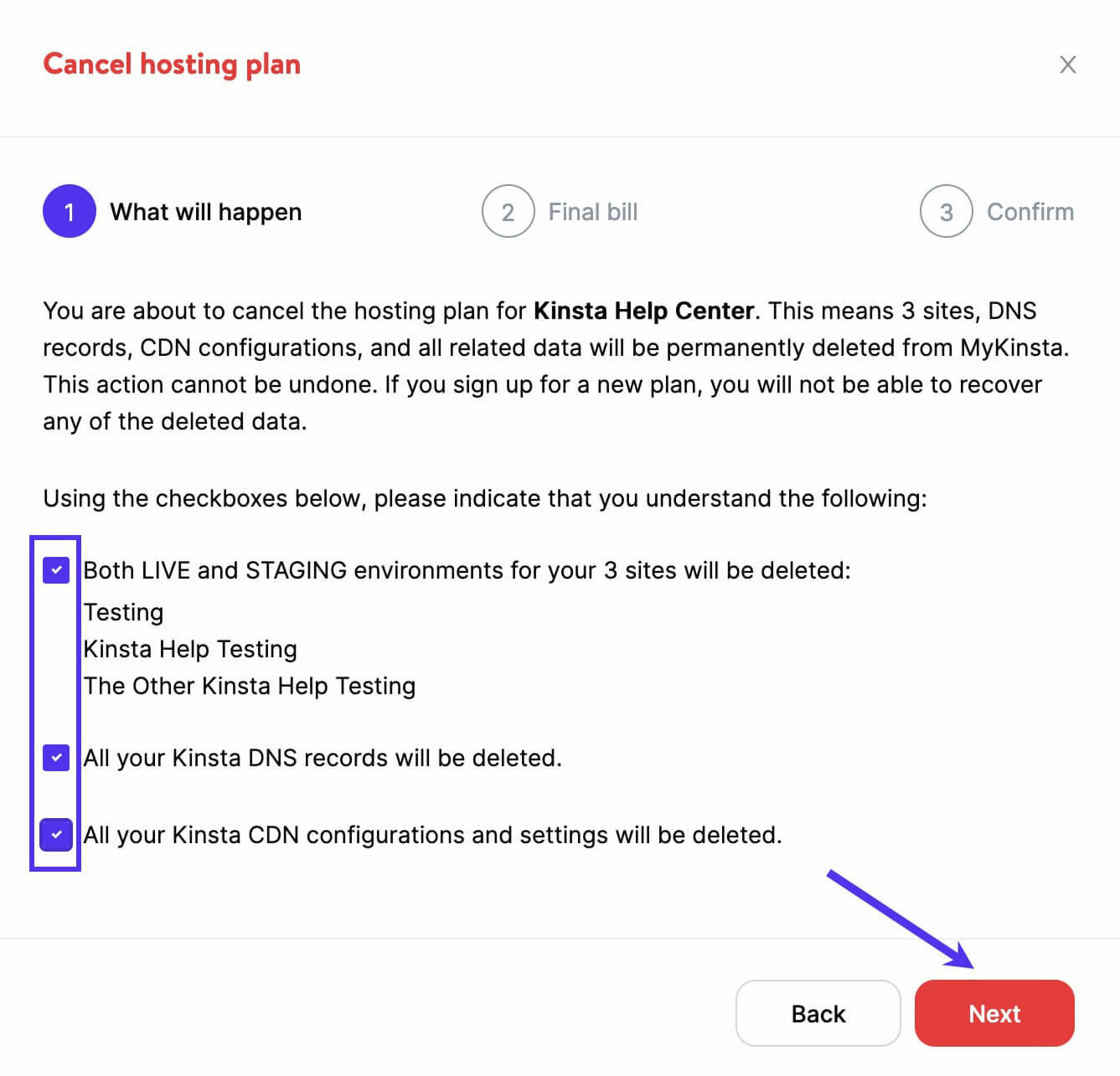Cancel hosting plan and acknowledge all data will be deleted.