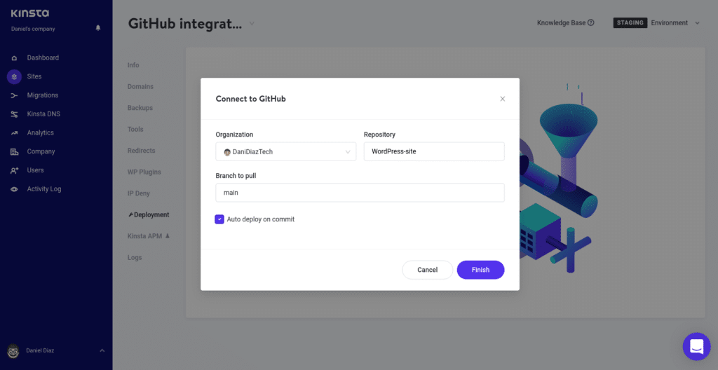 Connect Kinsta to GitHub modal with several options including a “Finish” button.