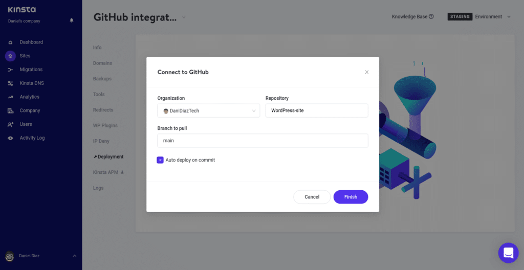 Verbinde Kinsta mit GitHub modal mit mehreren Optionen, darunter eine Schaltfläche "Fertigstellen".