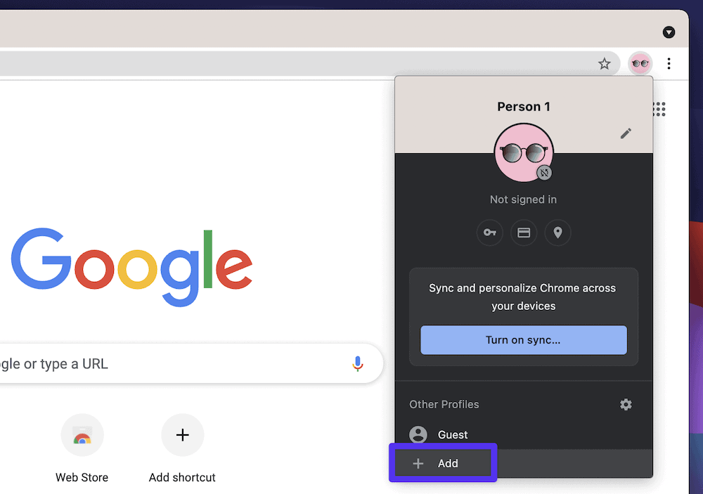 Adding a new profile in Chrome, with a purple box to draw attention to the "Add" button at the bottom.