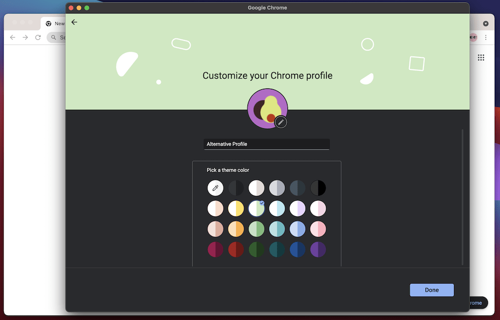 Setting up a new profile in Chrome by picking an avatar image (currently set to an avocado) and a color scheme from 24 available options.