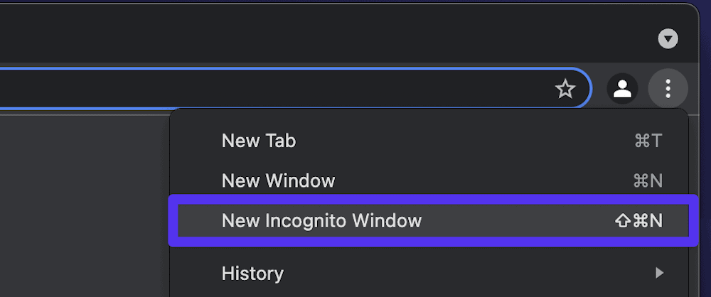 The Incognito window option within Chrome.